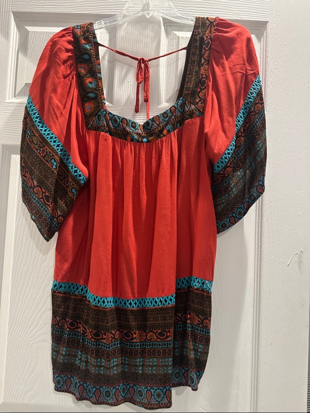 Entro Red Boho Tunic with Turquoise and Brown Trim Ladies Size Small